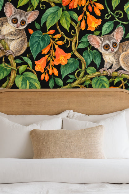 Section of wallpaper showing realistic galago fur texture and expressive eyes surrounded by detailed green leaves.