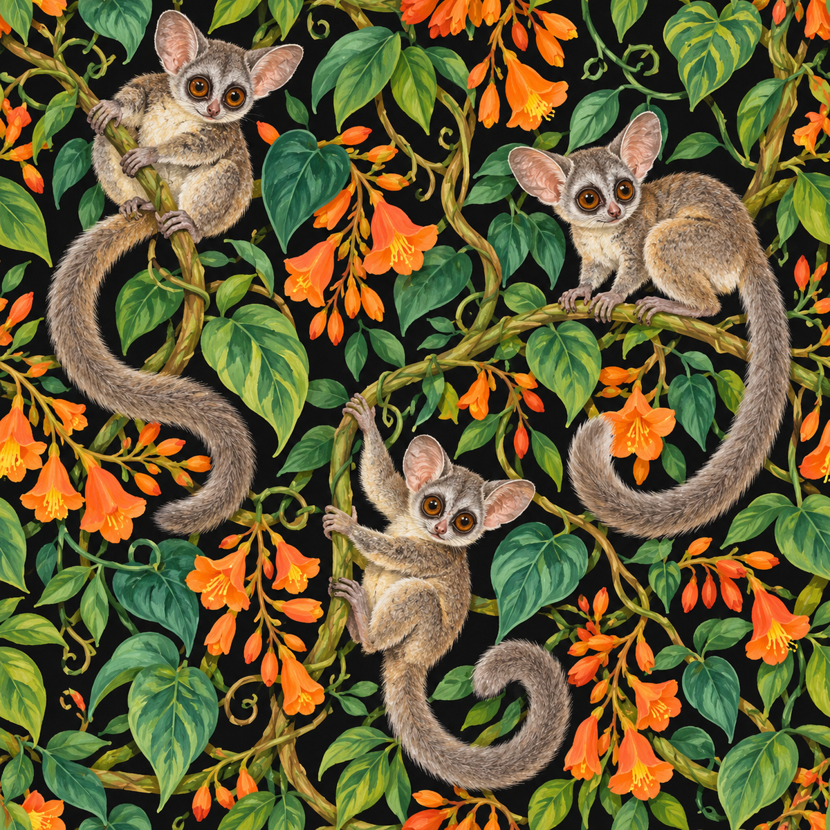 Close focus on galago hand grips on vine bark, emphasizing fine line work and realism in illustration.