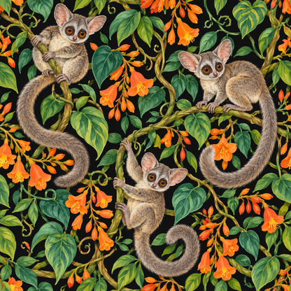 Close focus on galago hand grips on vine bark, emphasizing fine line work and realism in illustration.