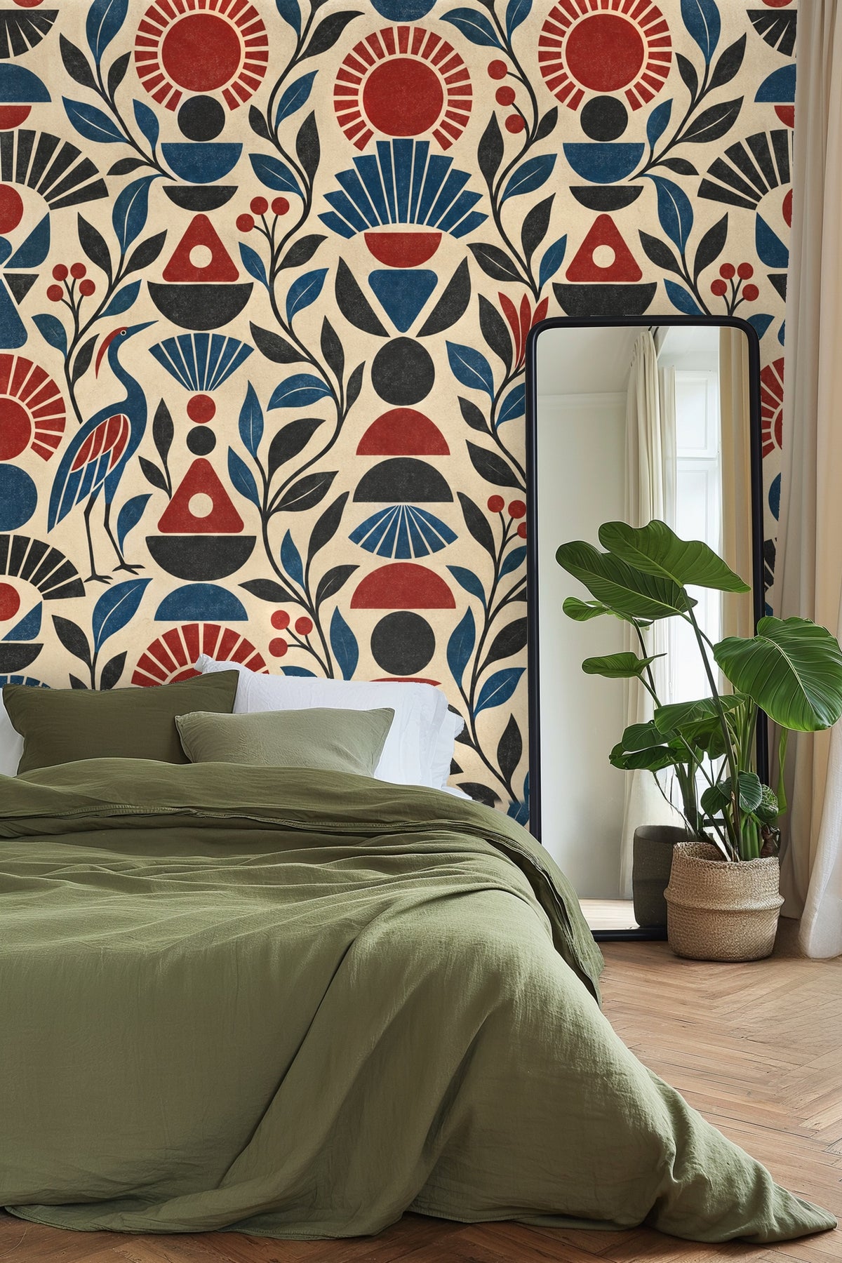 Vertical arrangement of geometric shapes and leaf patterns in Ruby Sunstack wallpaper
