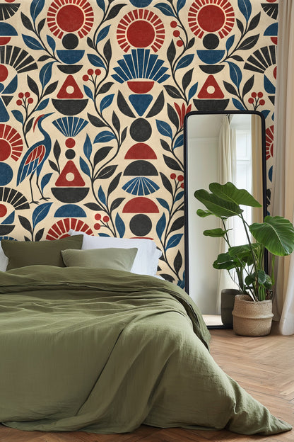 Vertical arrangement of geometric shapes and leaf patterns in Ruby Sunstack wallpaper