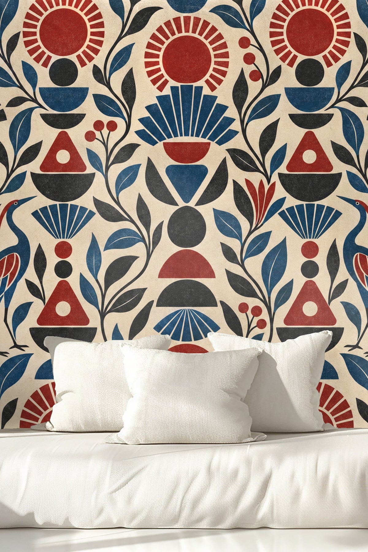 Artistic architectural-style forms in blue and red with black accents on wallpaper