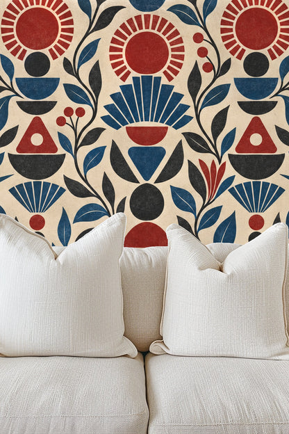 Detail of fan-shaped leaves and berries in black and red on beige background