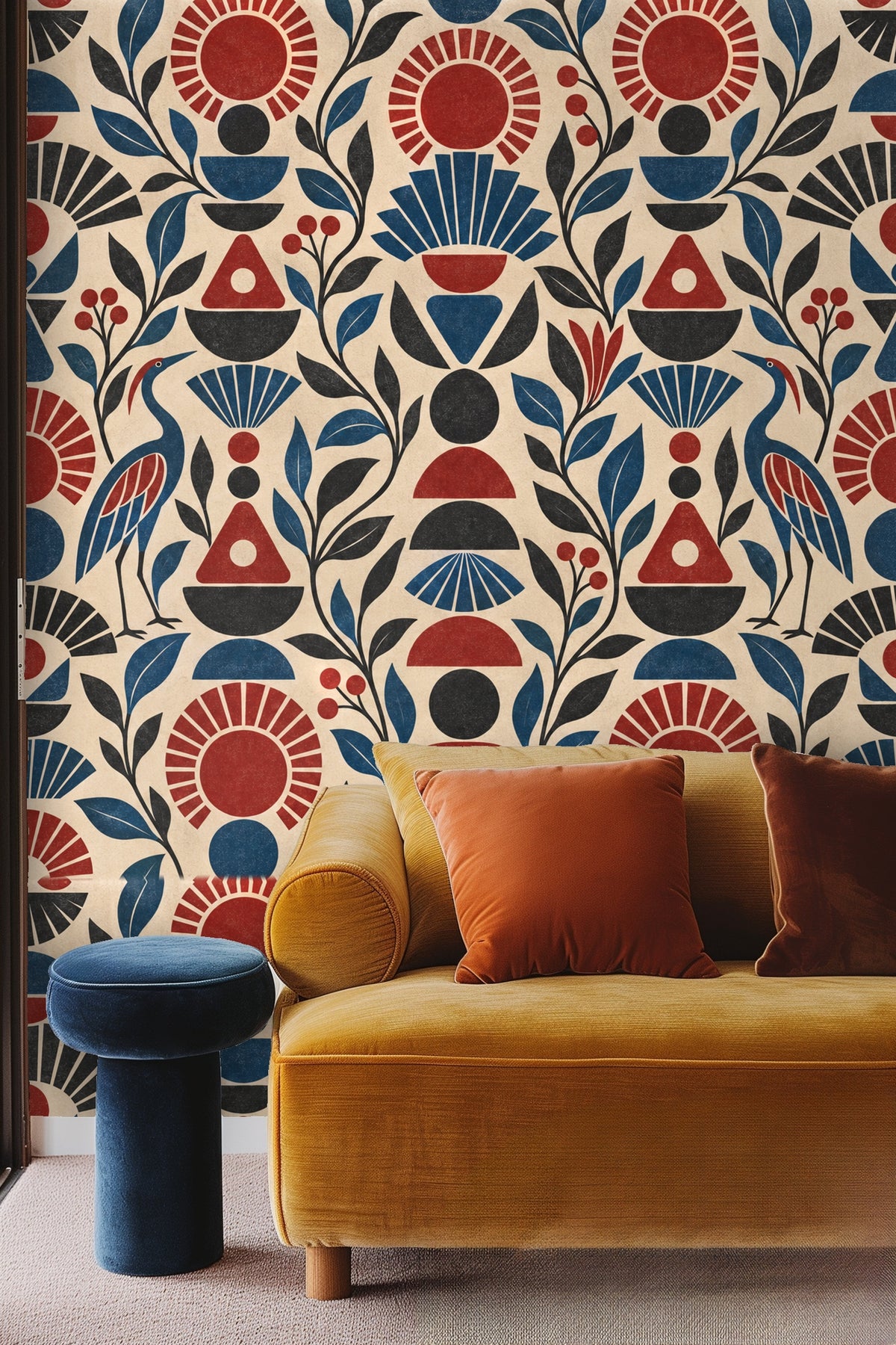 Blue heron figure amidst leaves and berries in the Ruby Sunstack pattern