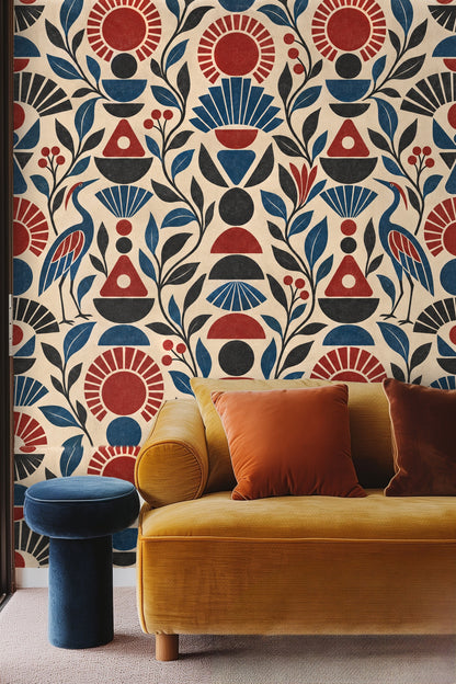 Blue heron figure amidst leaves and berries in the Ruby Sunstack pattern