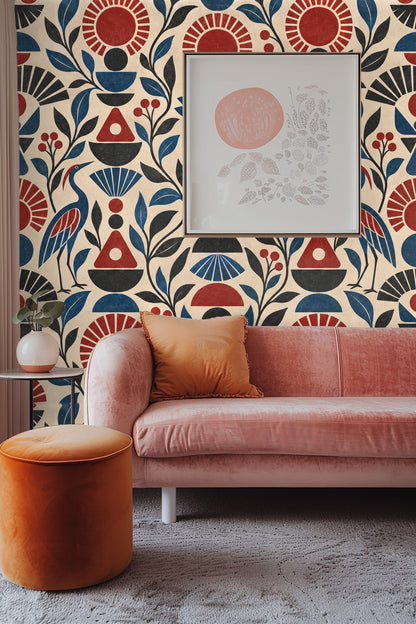 Wall segment showing bird and floral elements integrated in Ruby Sunstack design