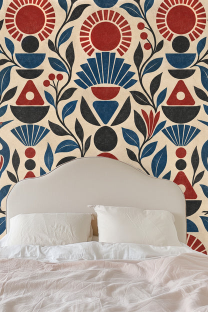 Curved leaves and abstract floral shapes creating rhythm in the wallpaper design