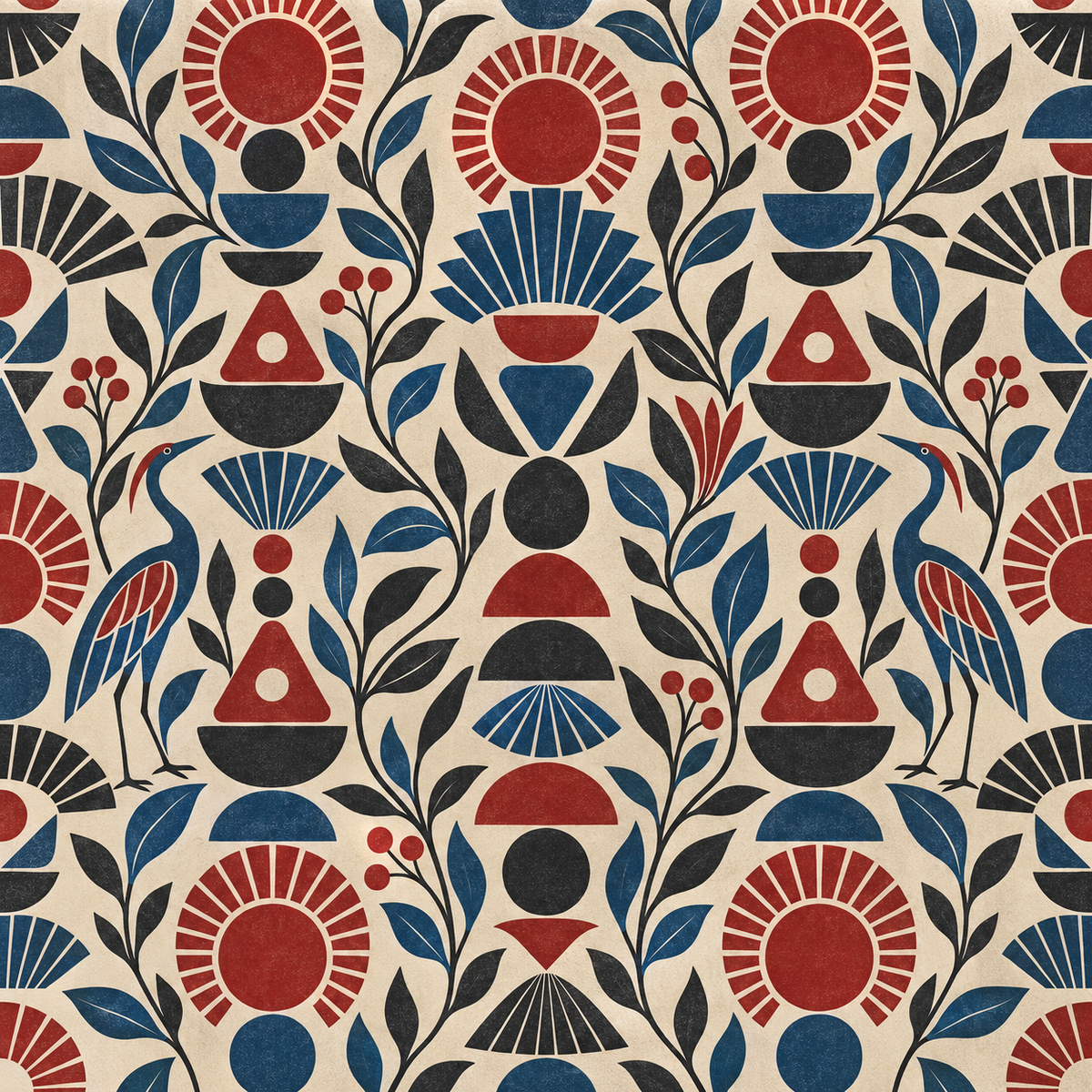 Coordinated room tones enhancing the red, blue, black, and beige palette of Ruby Sunstack wallpaper
