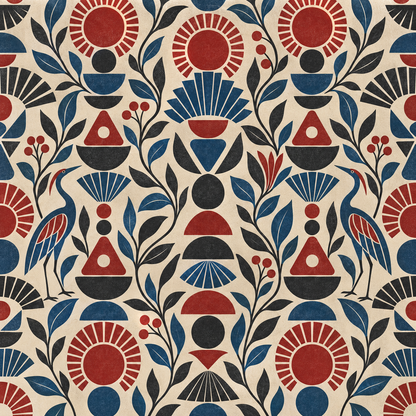 Coordinated room tones enhancing the red, blue, black, and beige palette of Ruby Sunstack wallpaper