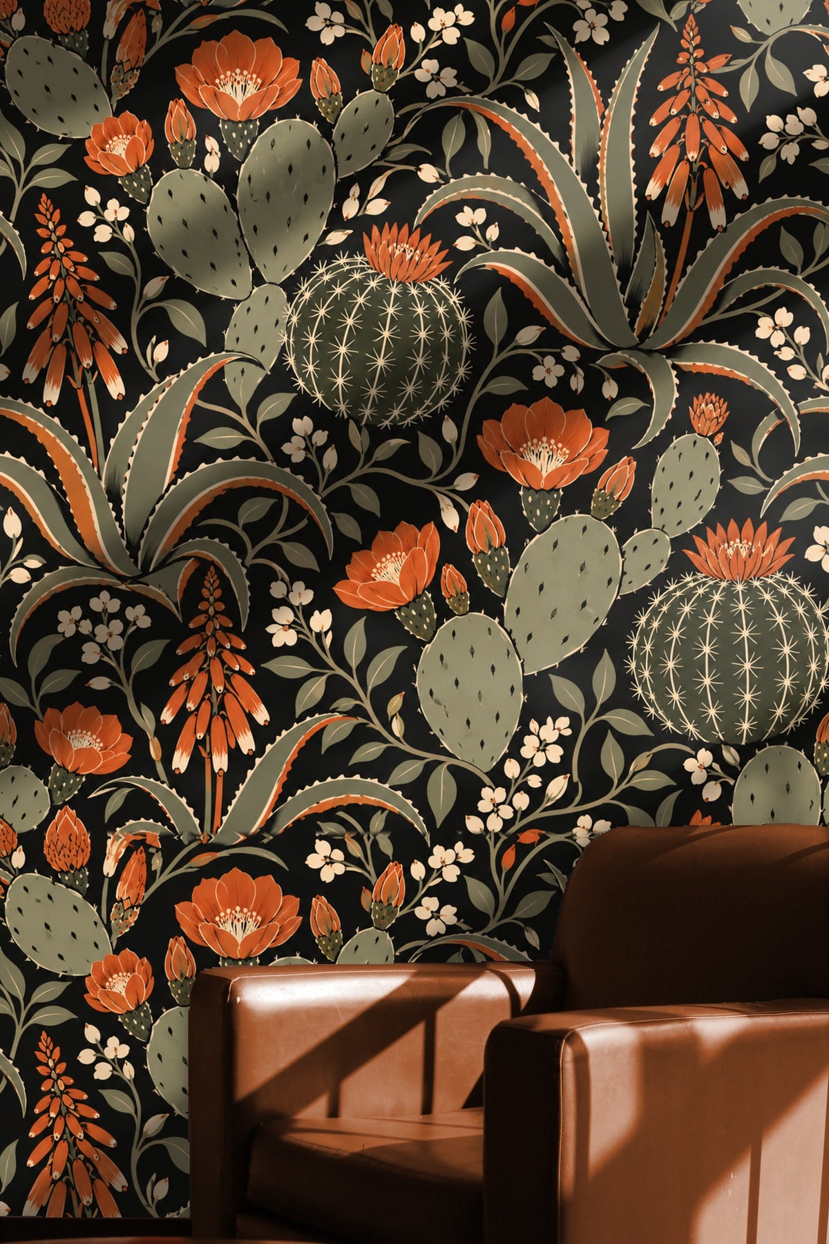 Macro shot showing paint texture and inked line quality on black botanical wallpaper