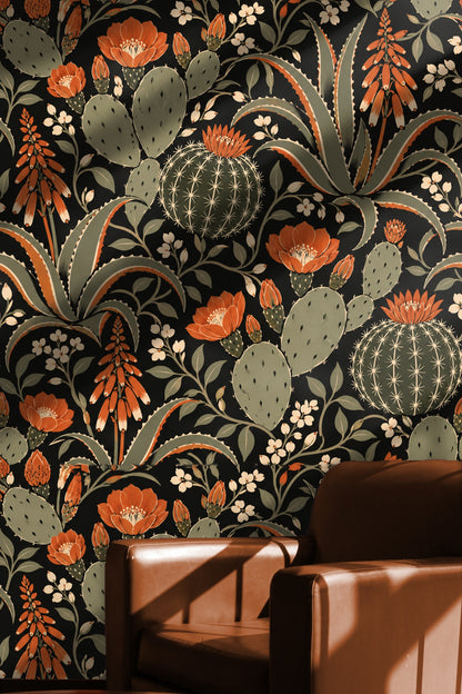 Macro shot showing paint texture and inked line quality on black botanical wallpaper