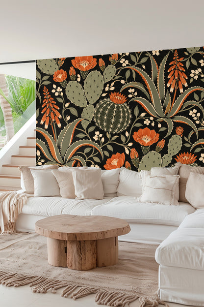Corner view of wall with Spiced Cactus Bloom wallpaper seen behind minimalist white molding and wood floor