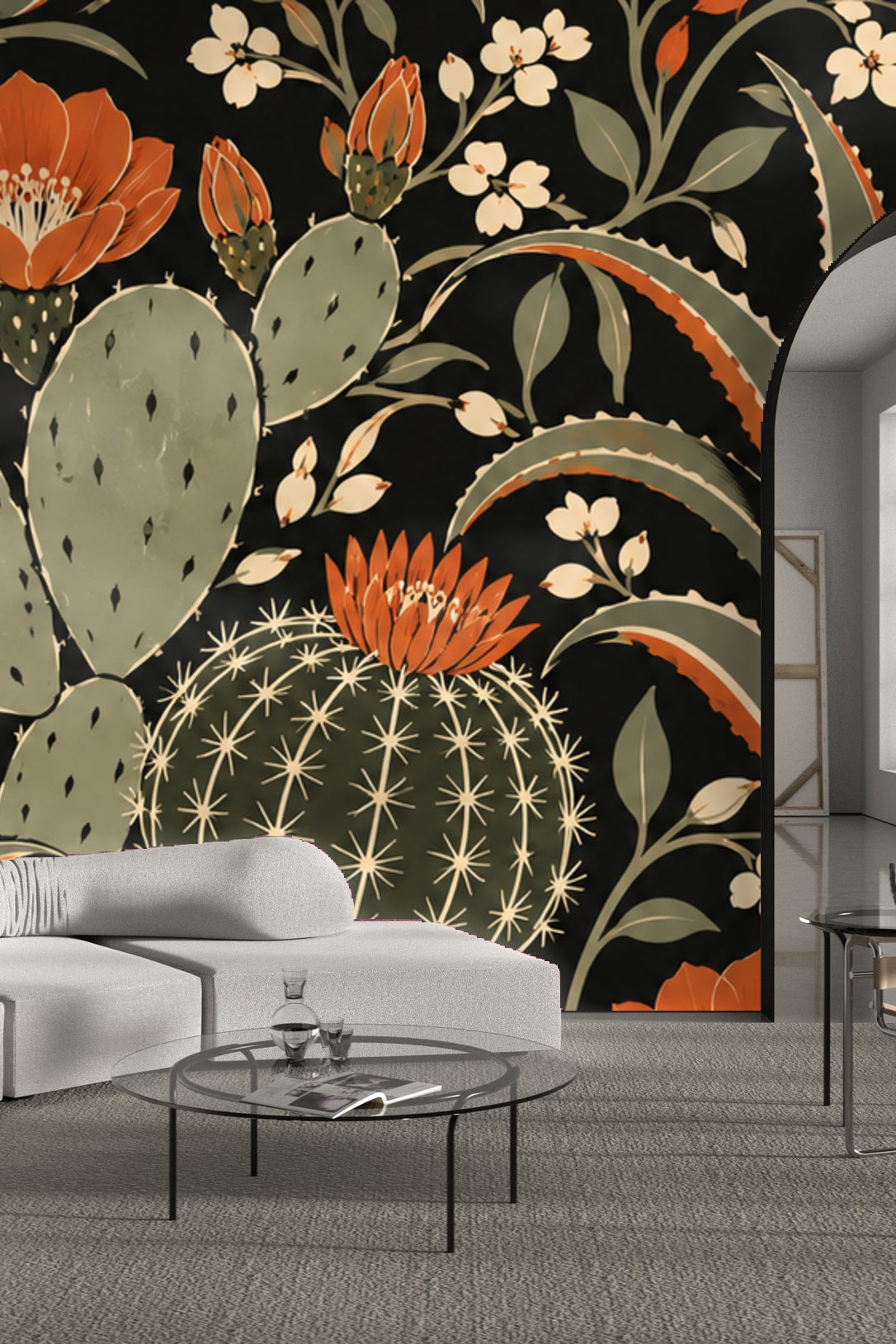 Arrangement of sage green cactus pads with textured flower buds on Spiced Cactus Bloom wallpaper