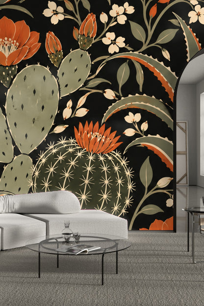 Arrangement of sage green cactus pads with textured flower buds on Spiced Cactus Bloom wallpaper