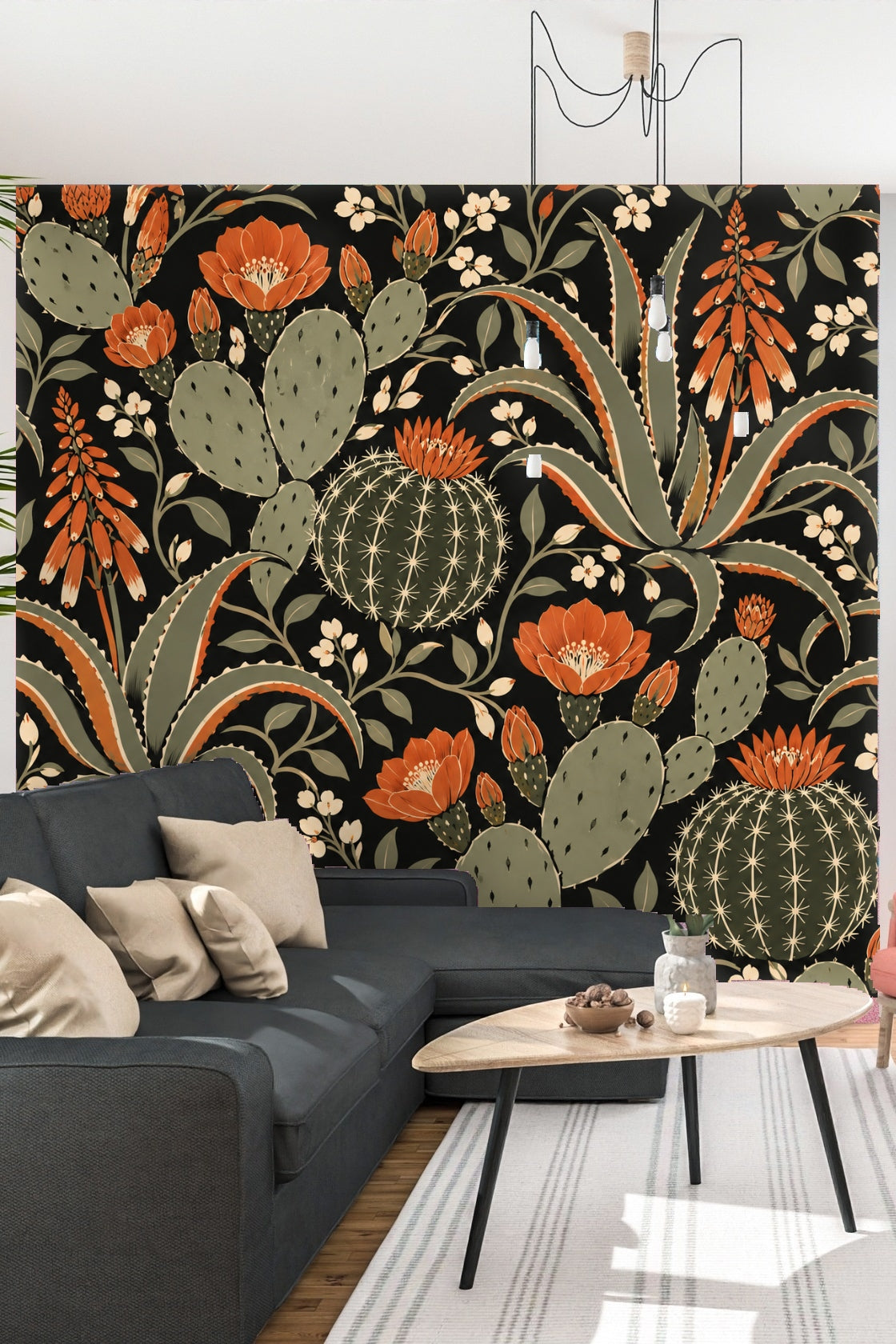 Textured cactus spines and bold floral sketches in terracotta and sage on black wallpaper