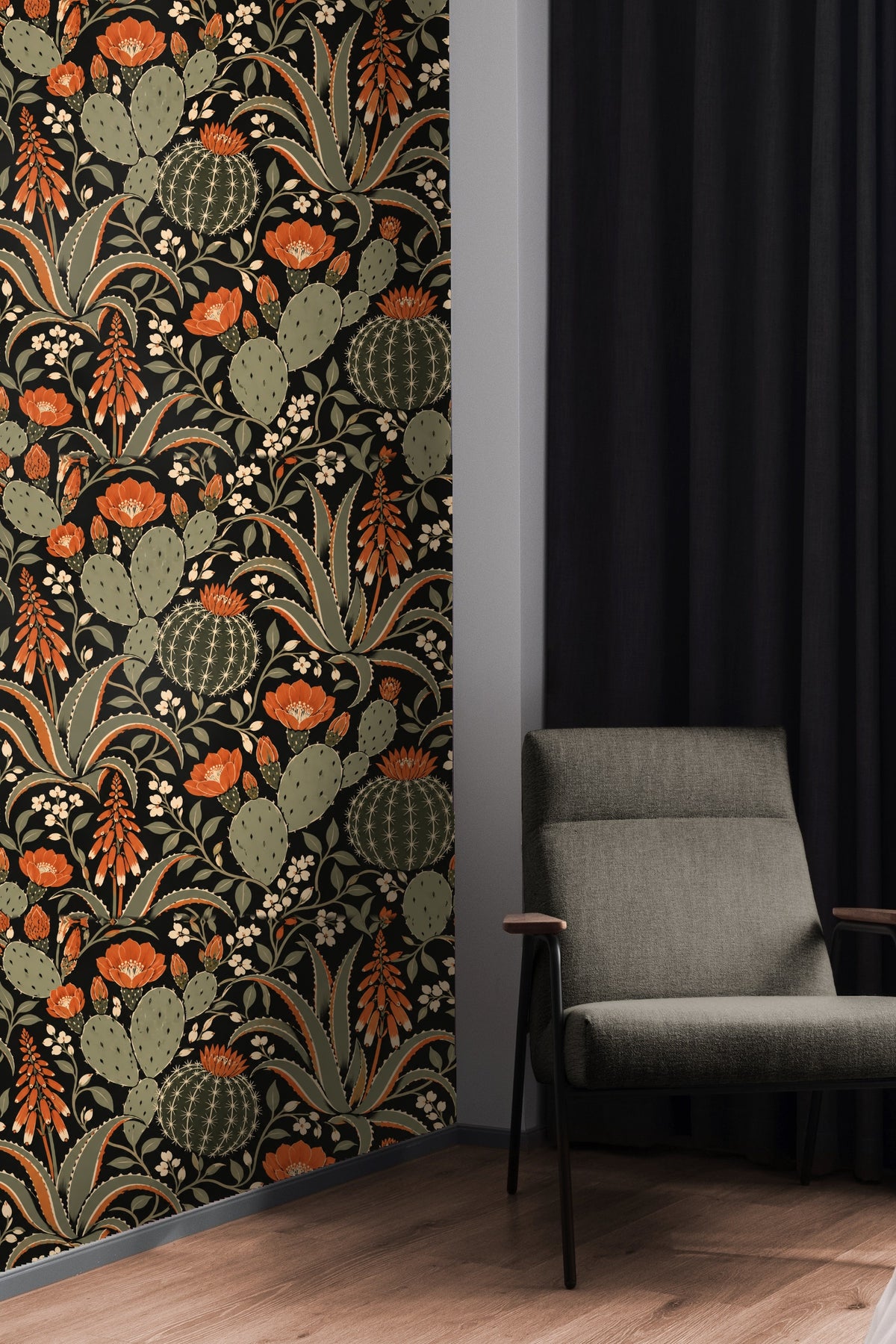 Peach velvet headboard bed with pillows against Spiced Cactus Bloom wallpaper featuring stylized cacti and burnt orange blooms