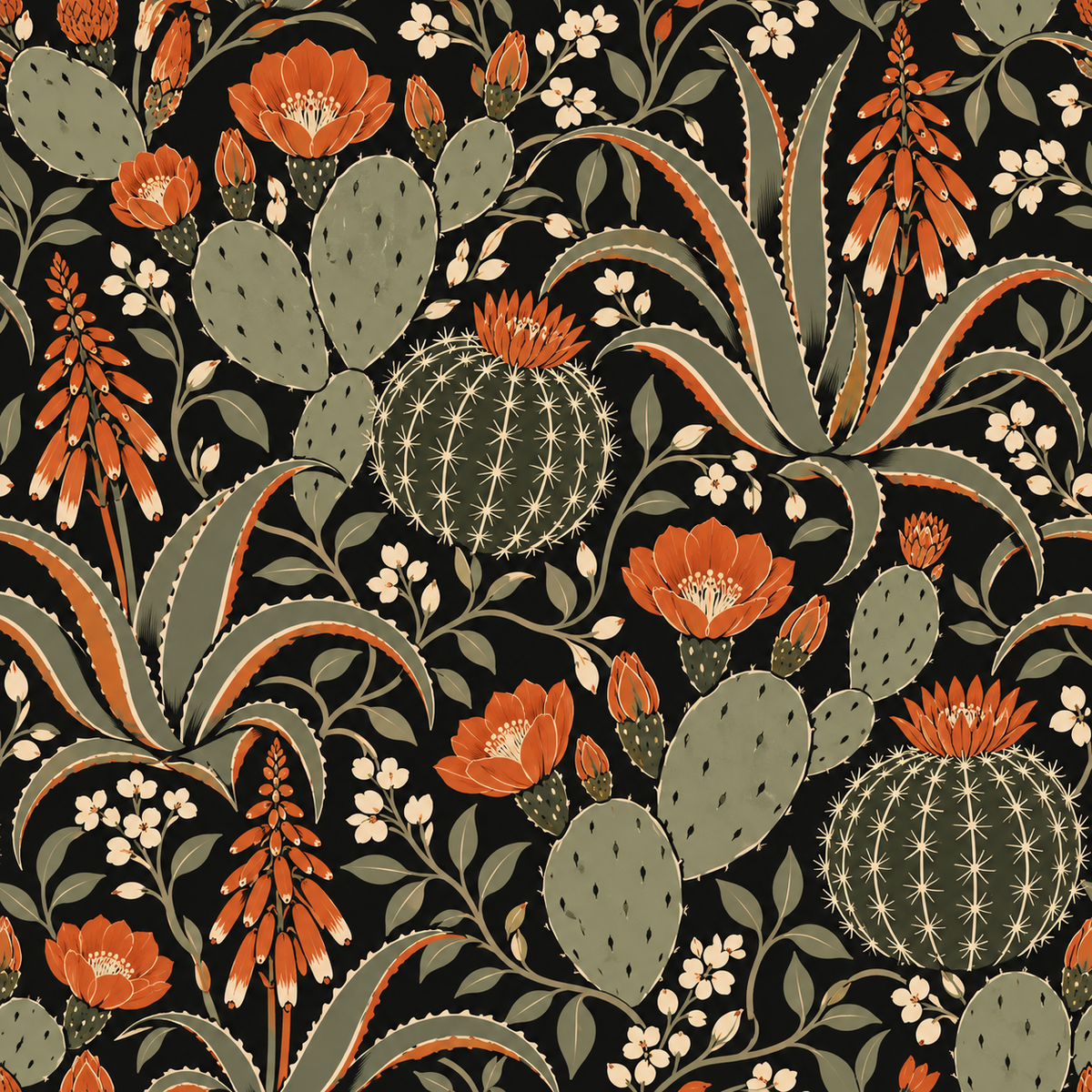 Pattern section highlighting interplay of light and dark tones in terra cotta and sage on black background