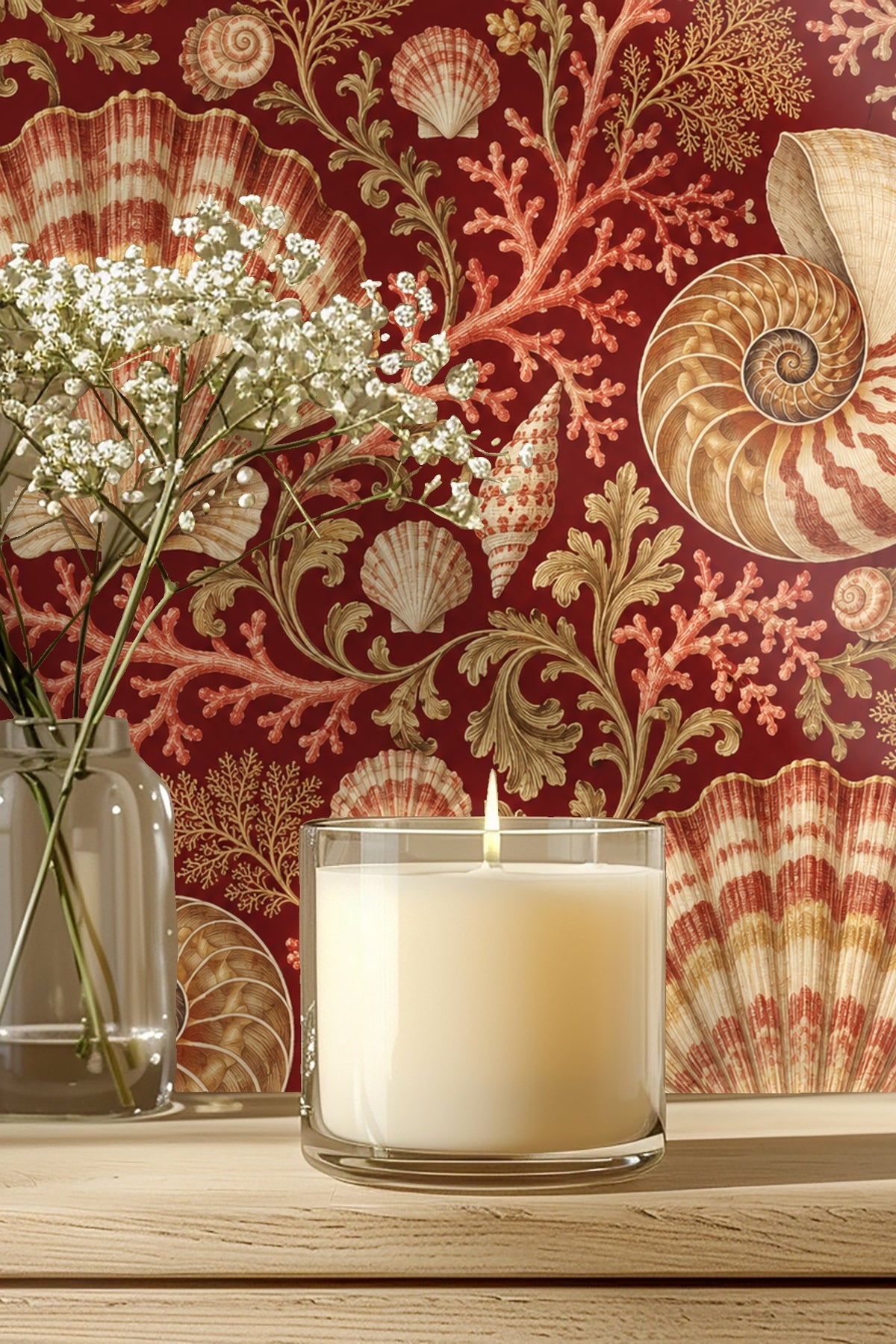 Detailed shell and coral pattern in claret red background wallpaper artwork.