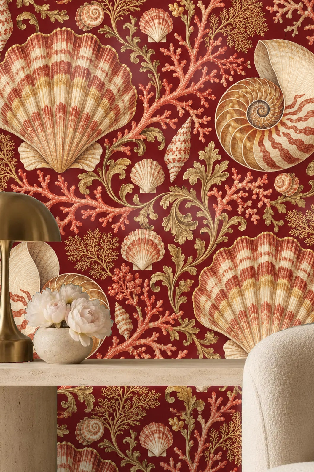 Baroque floral and seashell wallpaper in rich claret palette.