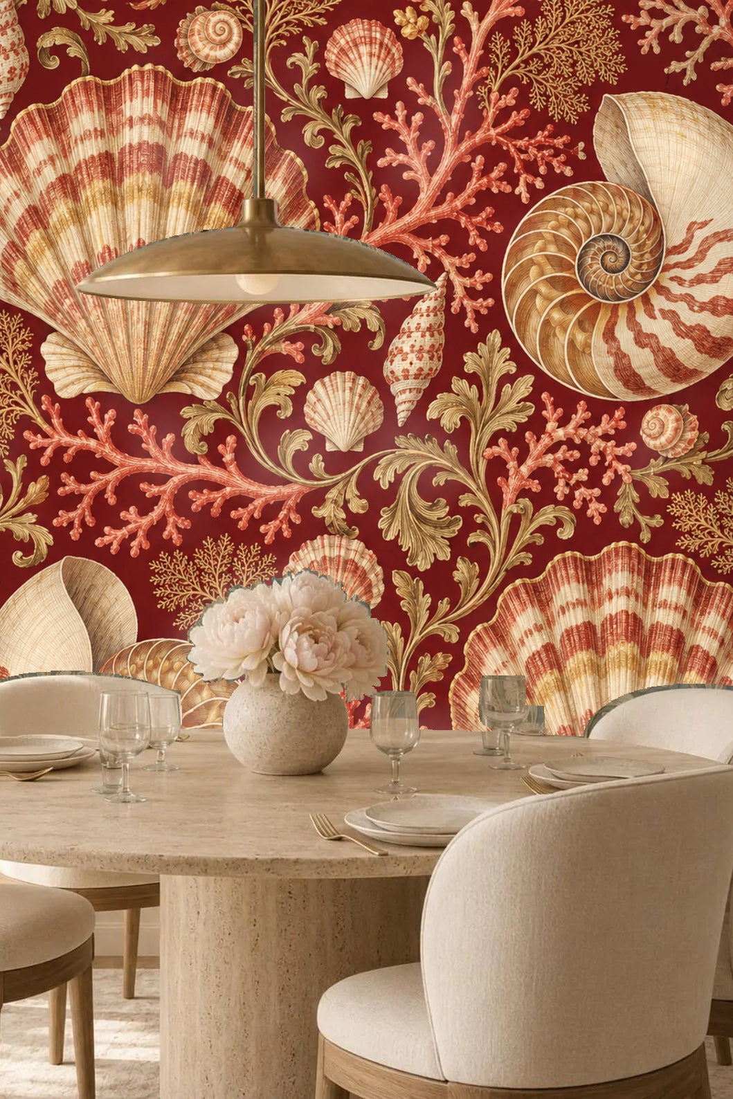 Red background wallpaper with vintage seashell and coral designs.