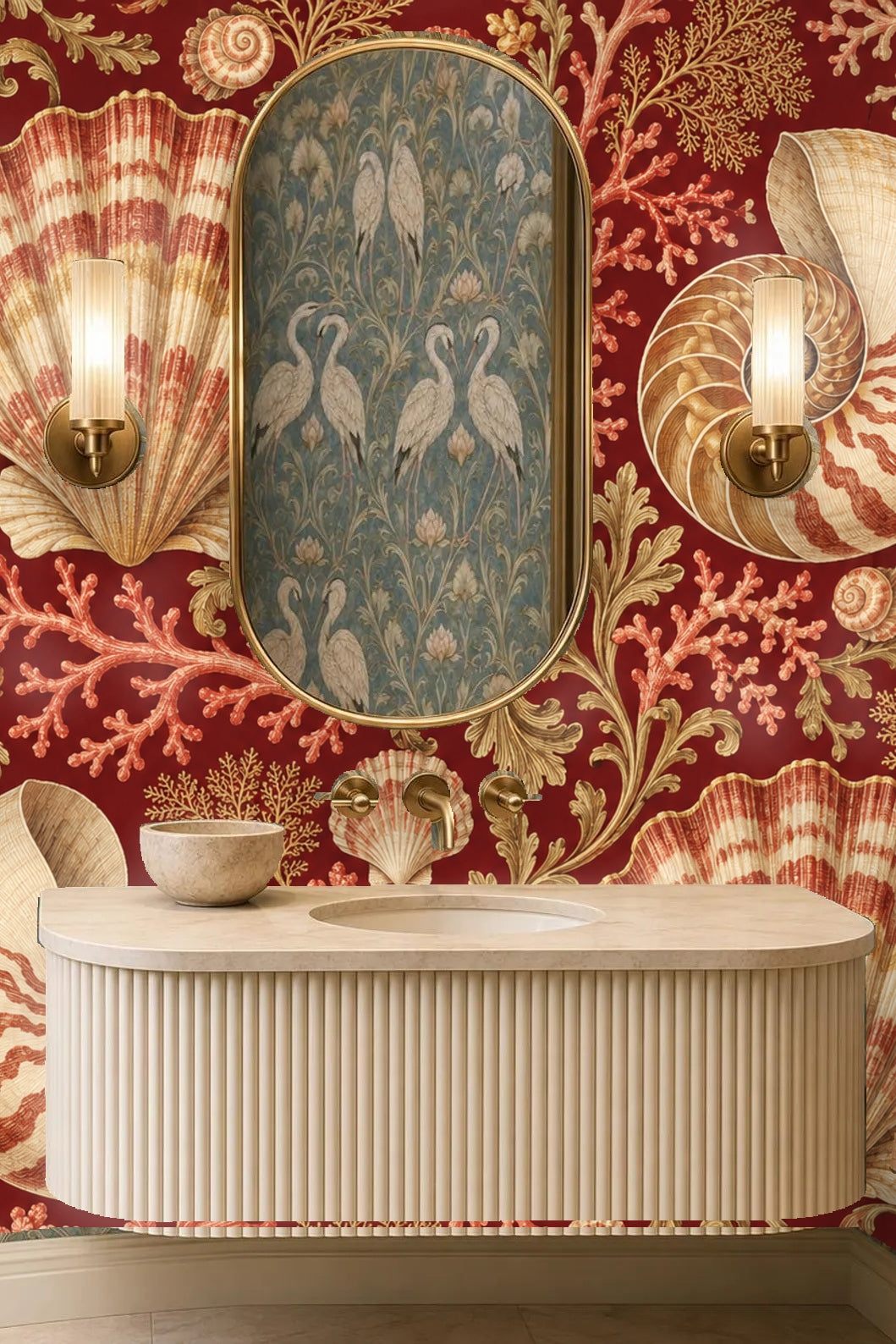 Scallop shell and coral branch pattern with warm earth tones.