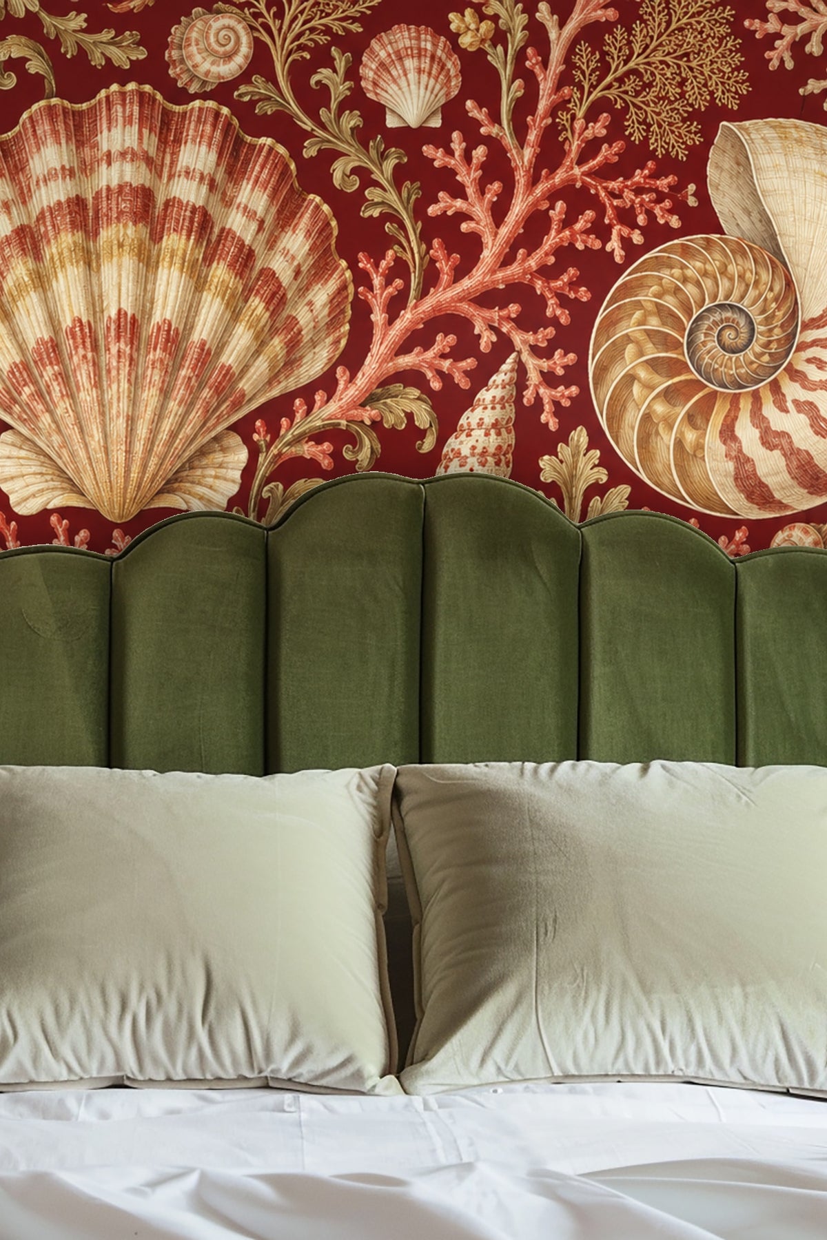 Coral patterns and scallop shells intricately illustrated in wallpaper.