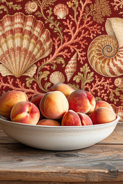 Close-up detail showing textured scallop shells on wallpaper.