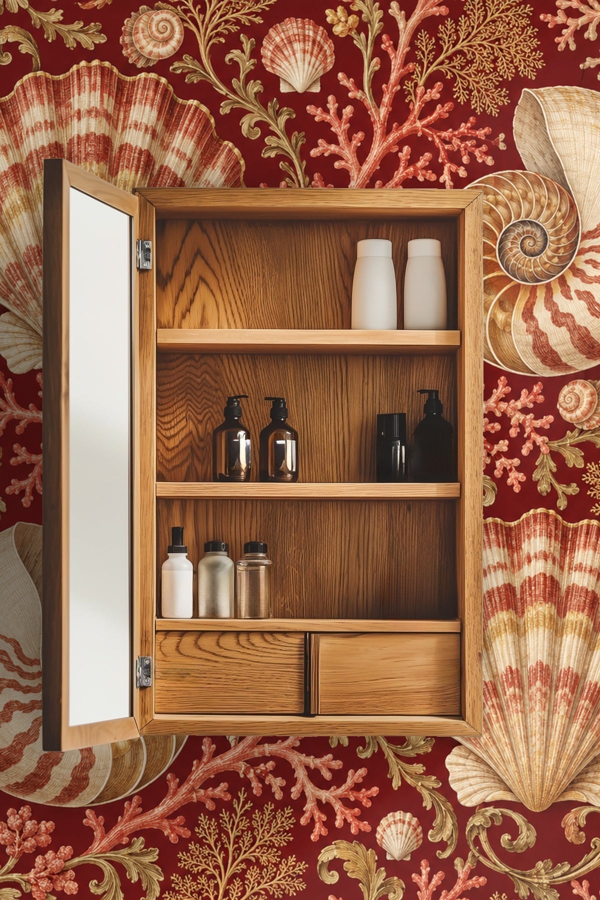 Laundry room with claret shell spiral wallpaper as feature wall behind sink.
