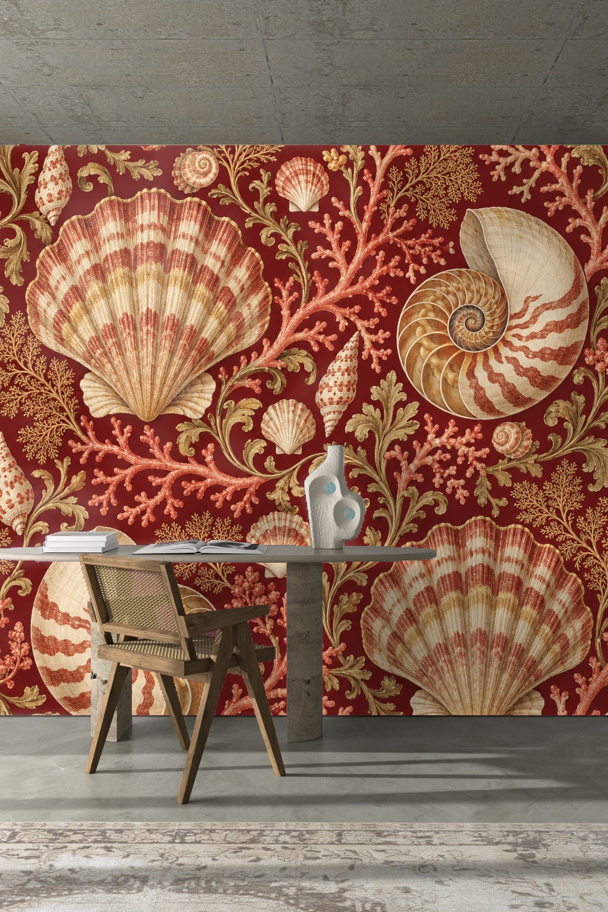 Wallpaper showing natural shell spirals in muted reds and creams.