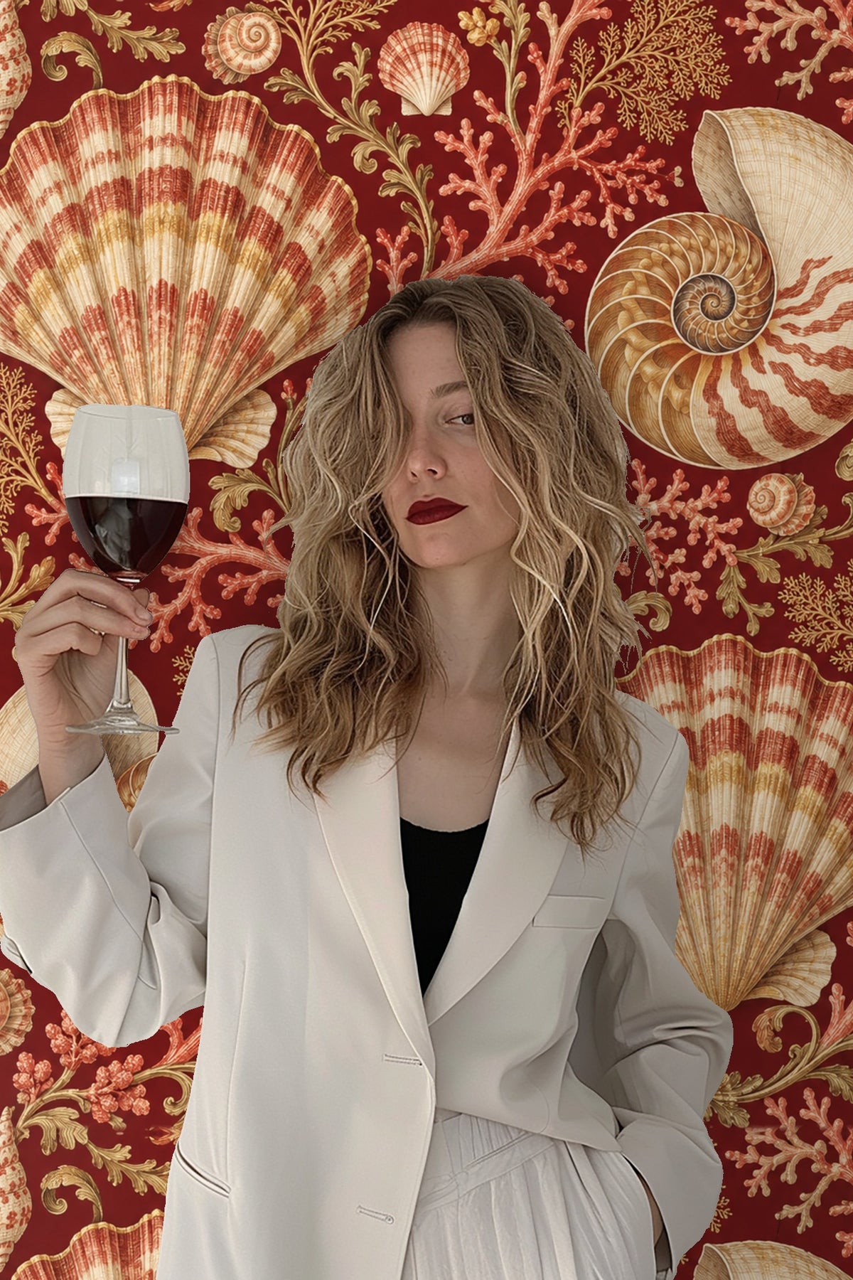 Vintage-inspired shell and coral wallpaper design in deep red.