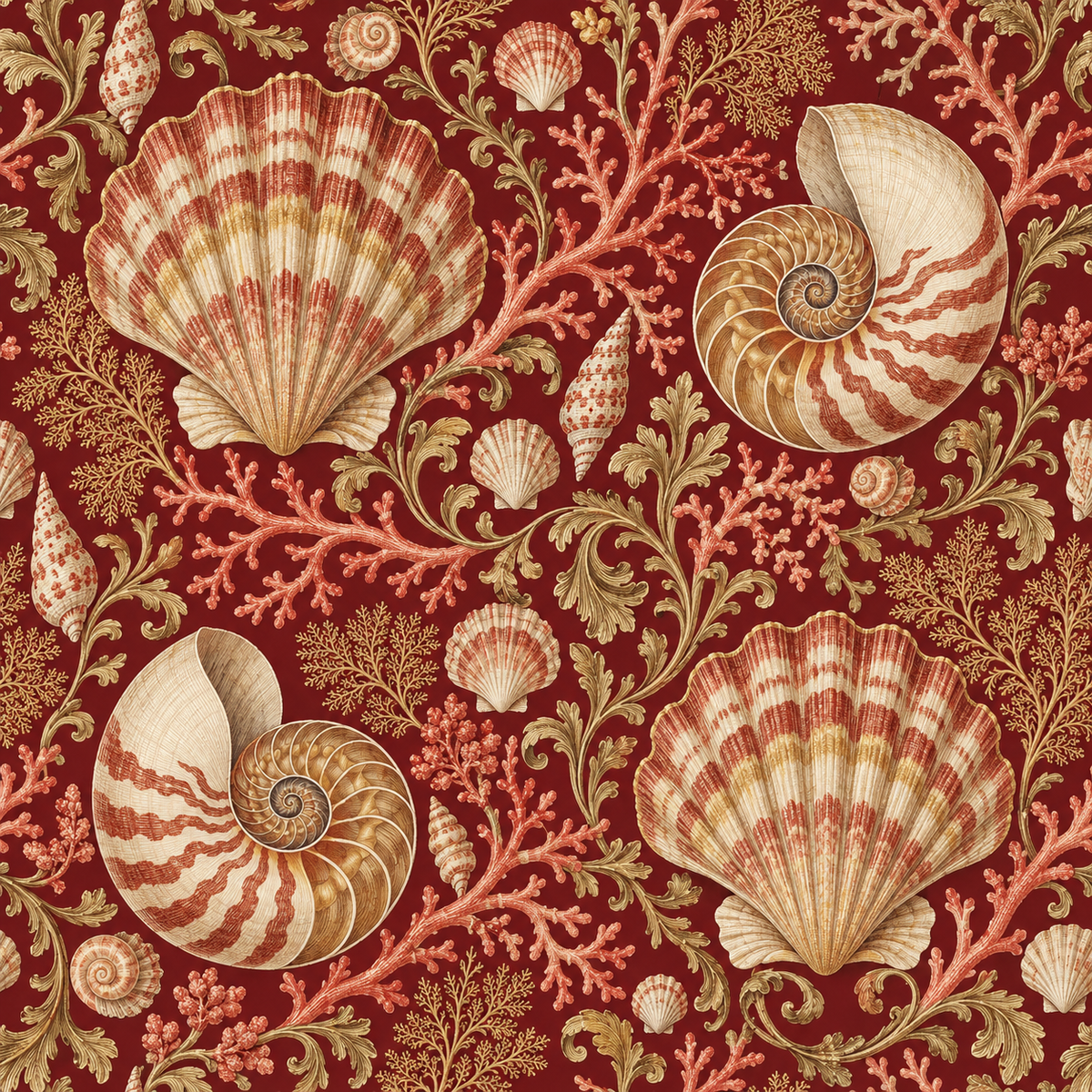 Intricate marine motifs printed on claret red wallpaper background.