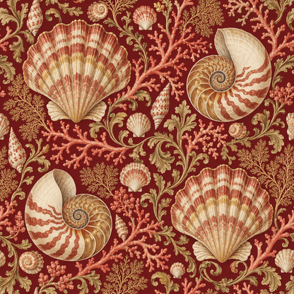 Intricate marine motifs printed on claret red wallpaper background.