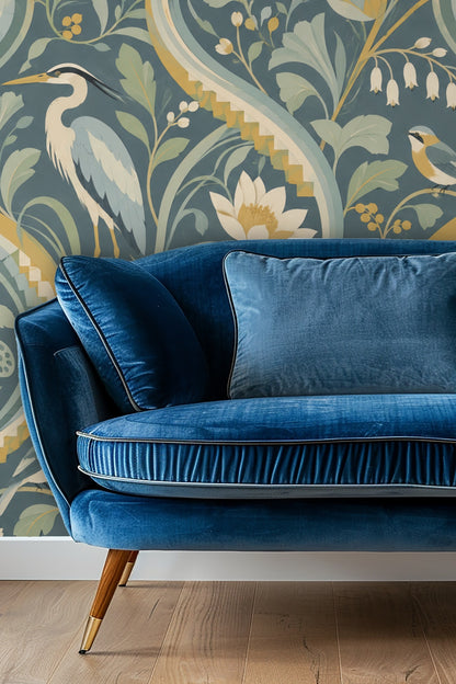 Living room wall with Delta Drift Heron wallpaper behind a golden retriever lying in a gray pet bed