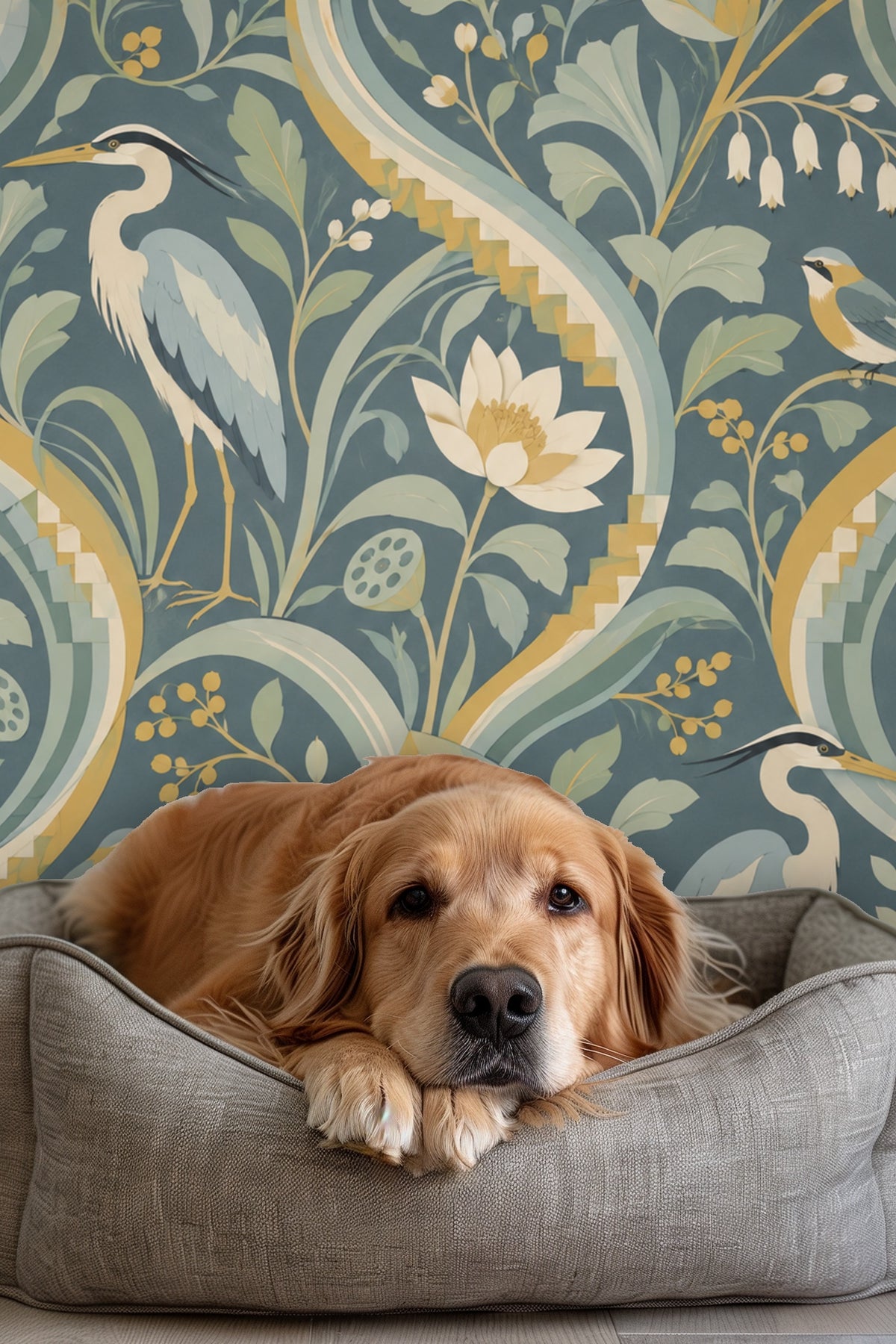 Delta Drift Heron wallpaper pattern showing herons, songbirds, water lilies, and greenery in duckegg blue and gold