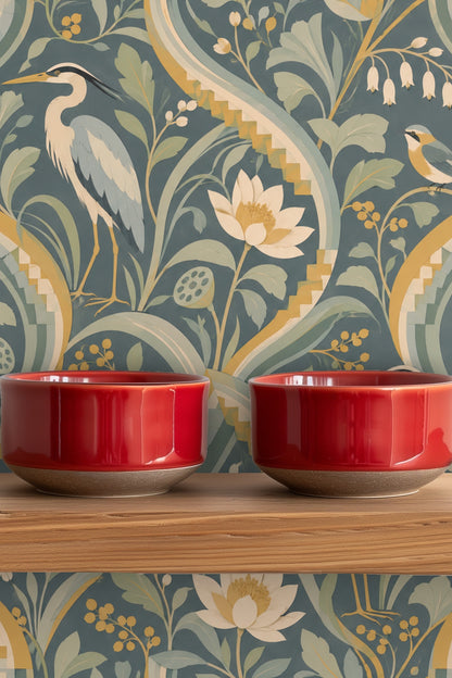 Curved, stepped arches framing birds and blooms on Delta Drift wallpaper