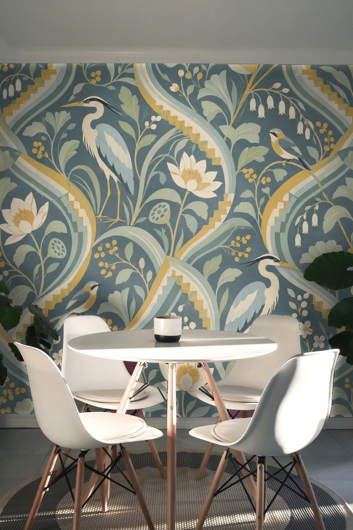Subtle botanical and bird motifs pattern repeat in Delta Drift wallpaper
