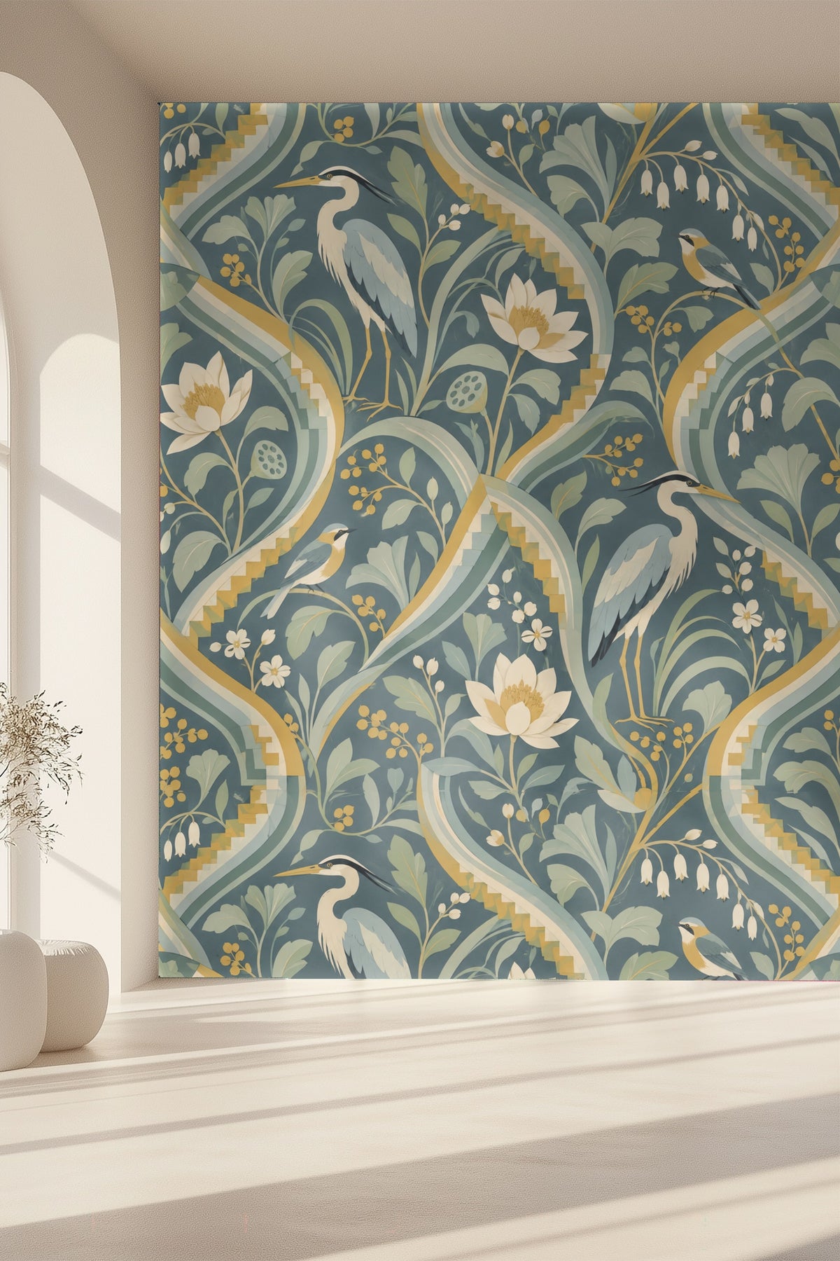 Dense foliage and scattered buds in elegant wallpaper surface
