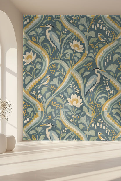 Dense foliage and scattered buds in elegant wallpaper surface