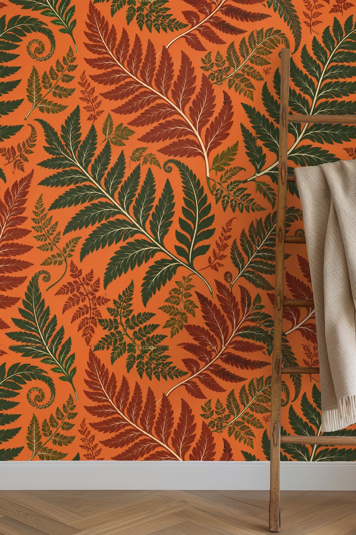 Close-up of Persimmon Fern original artwork showing detailed fern leaves on burnt orange background