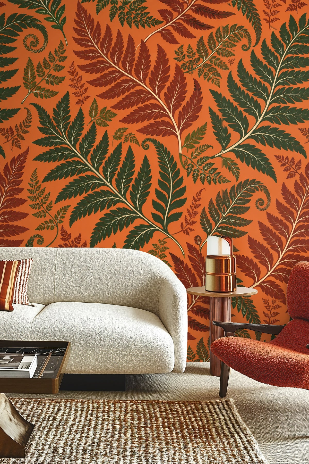 Persimmon Fern wallpaper on wall with wooden ladder and beige blanket