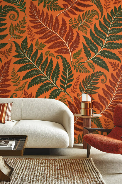 Persimmon Fern wallpaper on wall with wooden ladder and beige blanket
