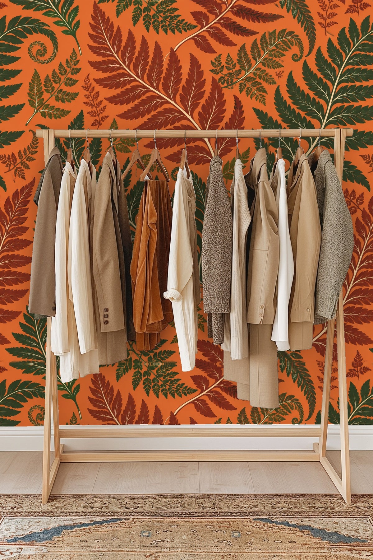 Rust-colored fern leaves with white stems on vivid orange in Persimmon Fern
