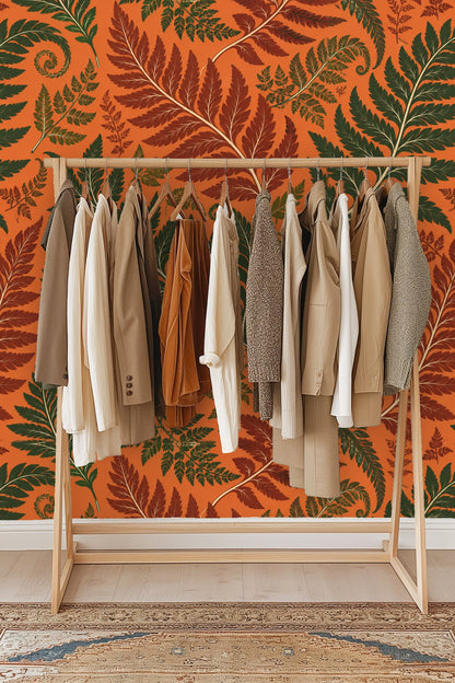 Rust-colored fern leaves with white stems on vivid orange in Persimmon Fern