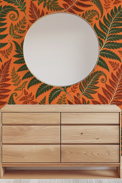 Small fern leaf clusters contrasted with large fronds in Persimmon Fern design