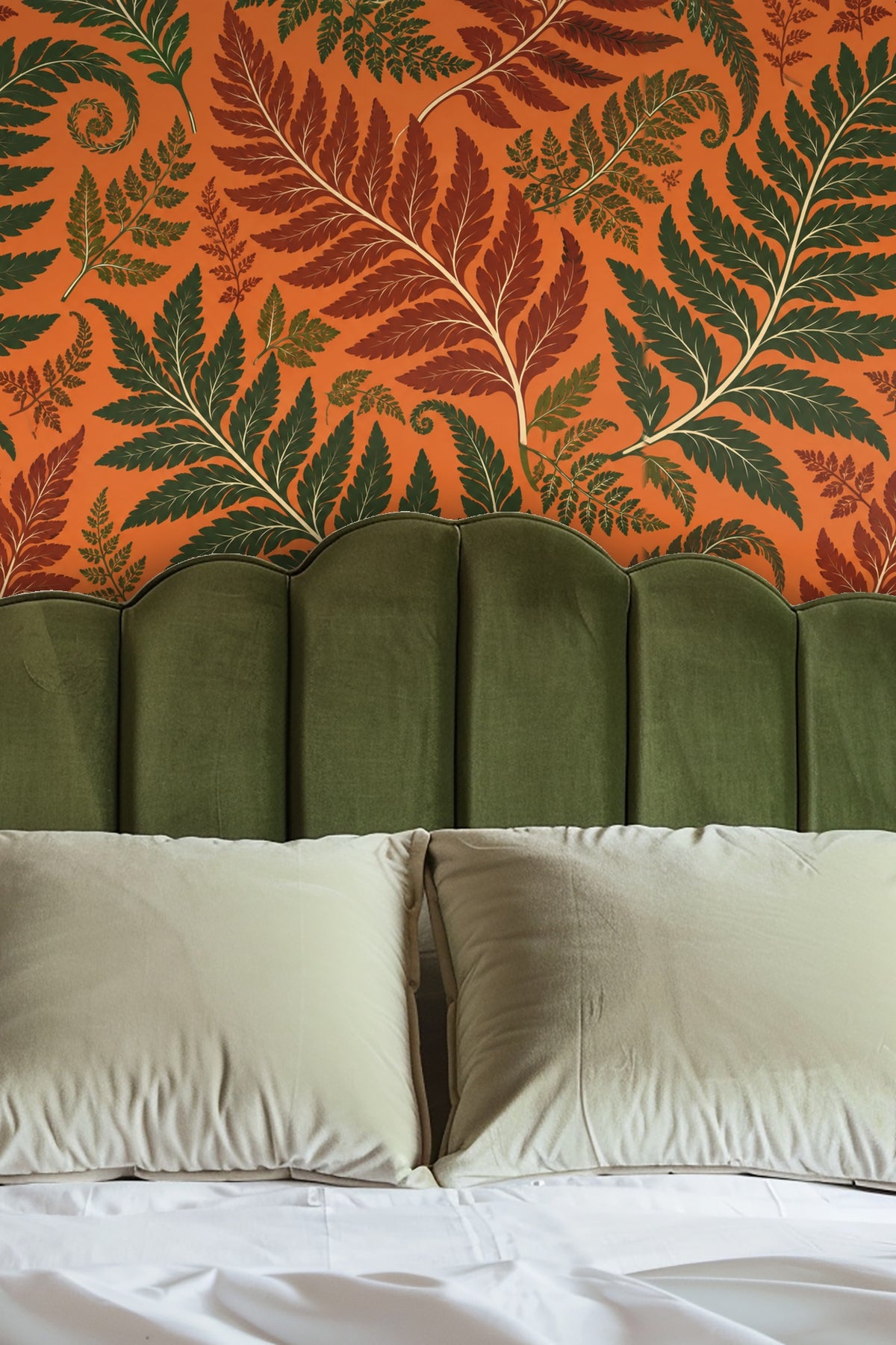 Pattern repeat detail of Persimmon Fern wallpaper with mixed fern motifs