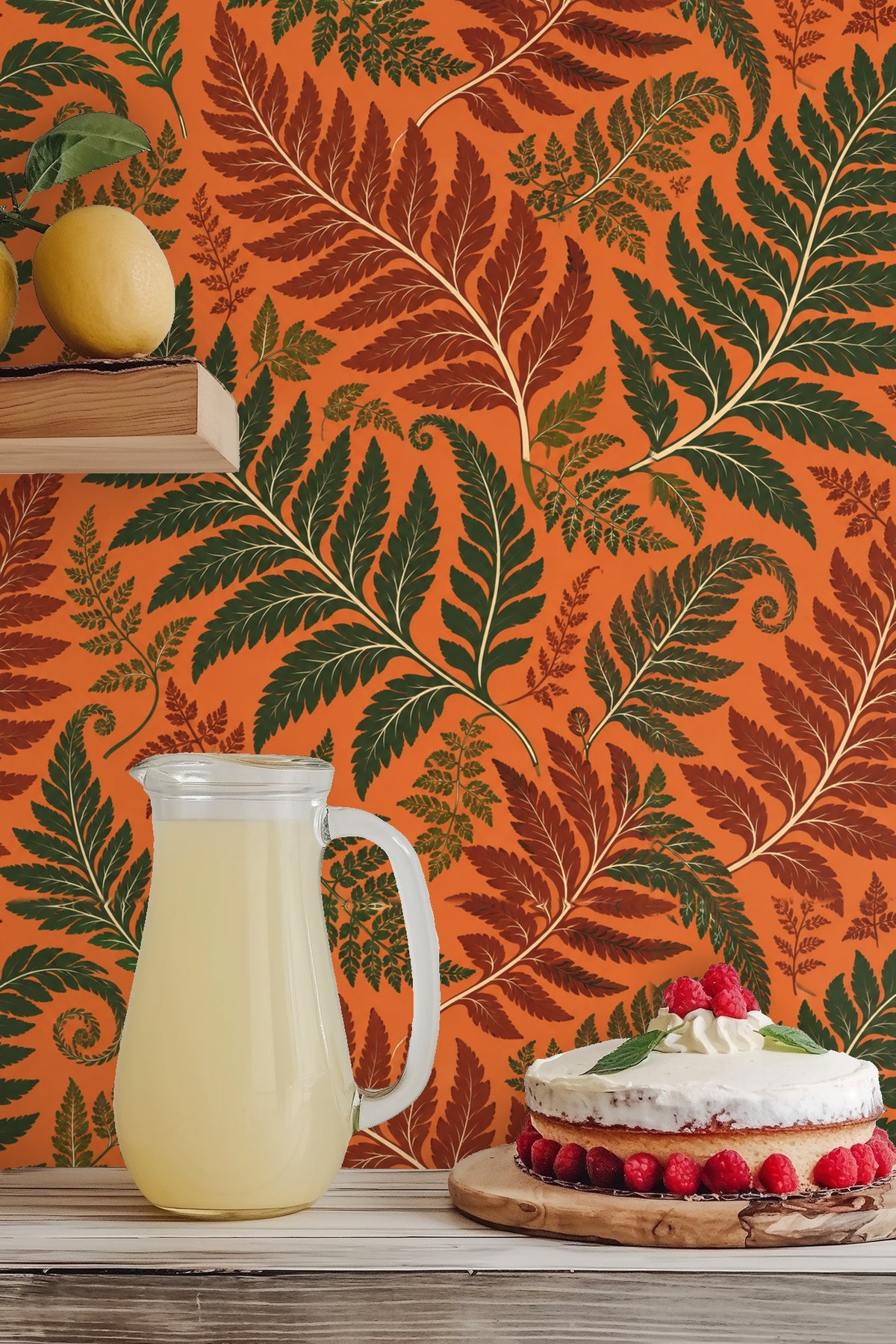 Dark green ferns with cream venation on Persimmon Fern background