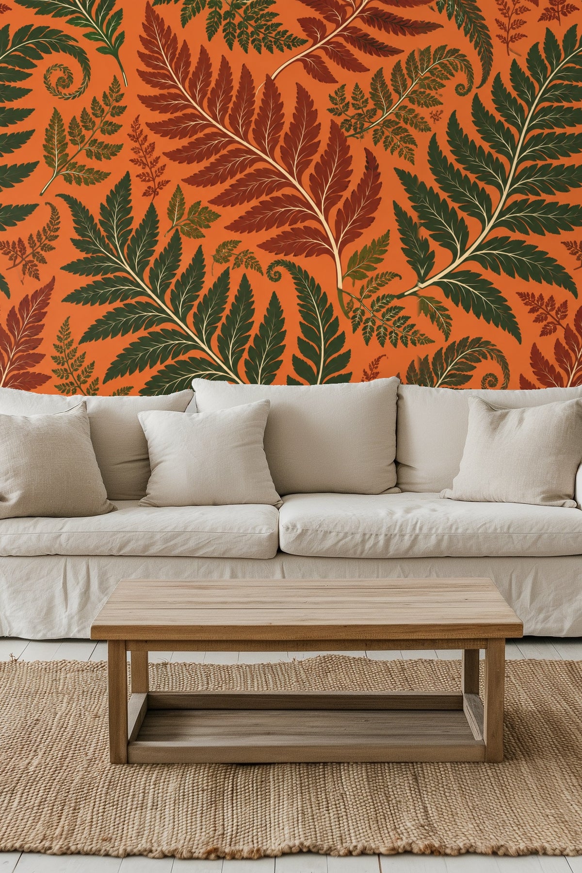 Persimmon Fern wallpaper decorating living room wall behind cream sofa and wooden coffee table