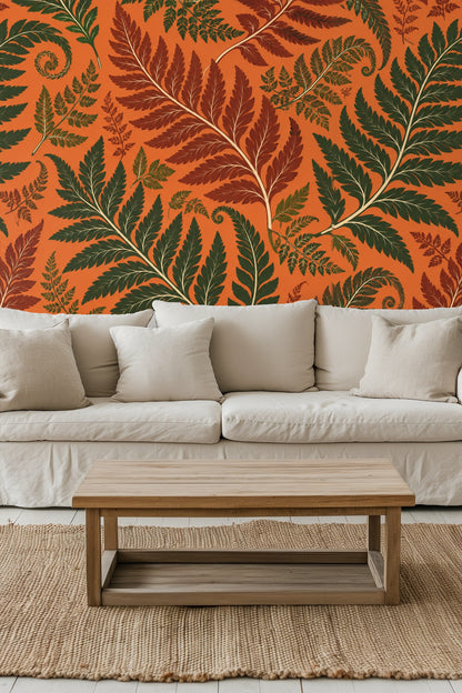 Persimmon Fern wallpaper decorating living room wall behind cream sofa and wooden coffee table