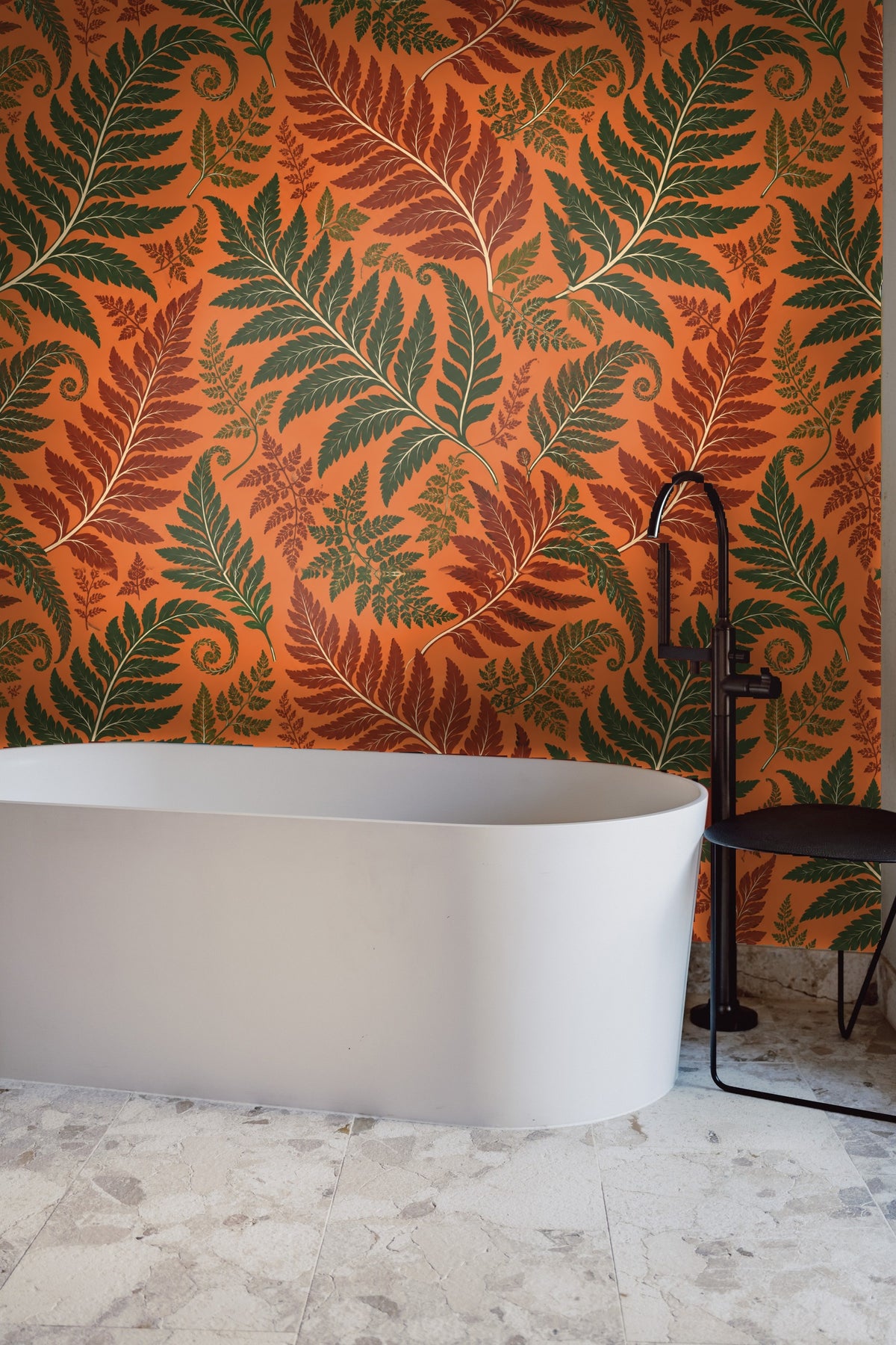Natural room setting showing scale of Persimmon Fern wallpaper