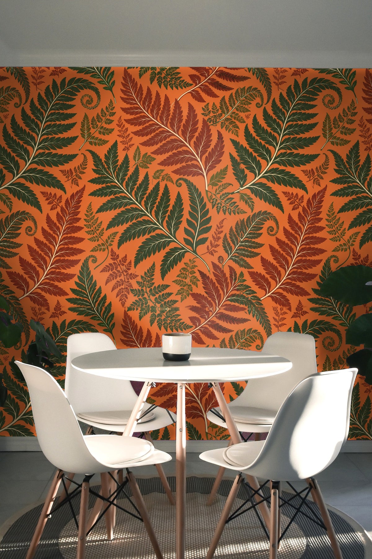 Muted decor elements complementing Persimmon Fern wallpaper palette